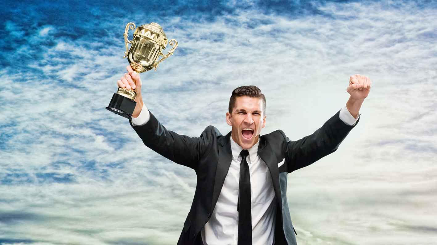 He is winning. Веселый бизнесмен. Лучшая возможность. Man with Trophy. Businessman Cheer.