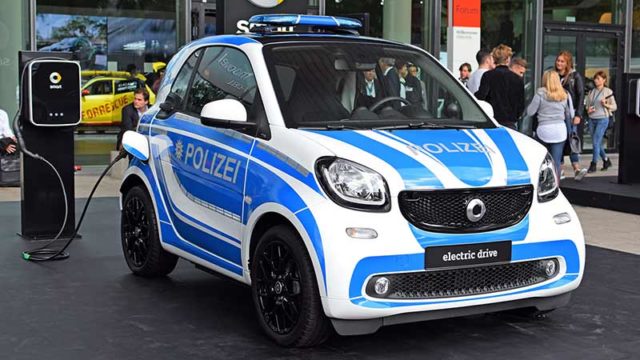 An electric Smart Fortwo police car at the Frankfurt Motor Show last year. Pic: Getty