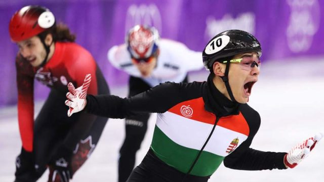 Hungary's Shaolin Sandor Liu wins gold in the Men's 5,000m Relay Final at the PyeongChang Winter Olympics. Pic: Getty