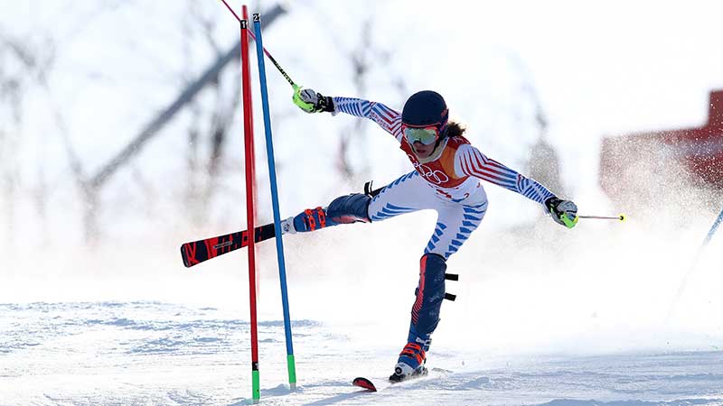 Resi Stiegler of the US crashes during Slalom Alpine Skiing at the Winter Olympics. Pic: Getty