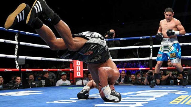 British Boxer James DeGale falls backwards after losing his footing against Mexico's Rogelio Medina in a 2016 bout. Pic: Getty