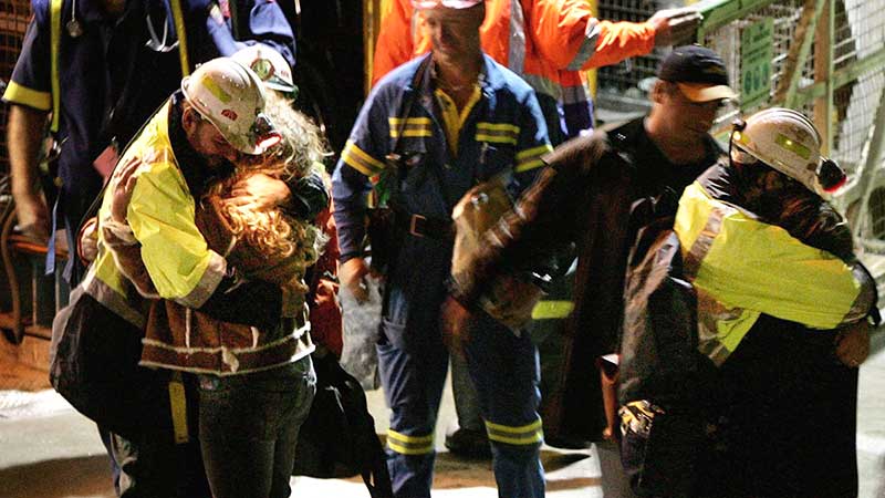 Tasmanian miners Todd Russell and Brant Webb are rescued after being trapped in the Beaconsfield gold mine in 2006. Pic: Getty
