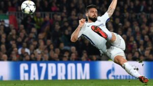 Chelsea's Olivier Giroud shoots during the UEFA Champions League against FC Barcelona in Barcelona this week. Pic: Getty