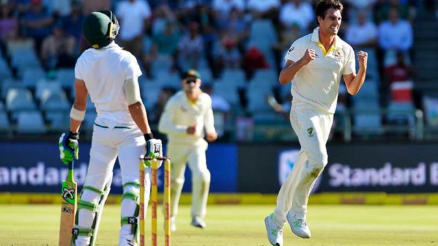Aussie bowler Pat Cummins on his way o taking four wickets for seven runs last night against South Africa in Cape Town. Pic: Getty