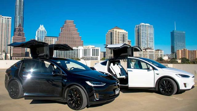 Tesla's very cool Model X electric car with falcon wing doors. Pic: Getty