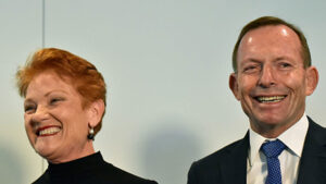 Pauline Hanson and Tony Abbott stand together during the launch of 'Pauline, In Her Own Words'.