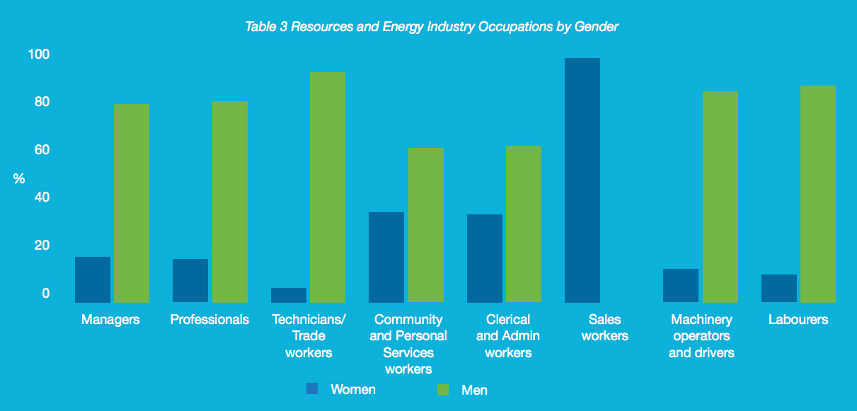 Employees in the resources and energy industries by gender.