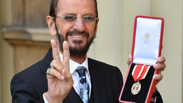 Beatles drummer Ringo Starr receiving a knighthood at Buckingham Palace on Tuesday. Pic Getty