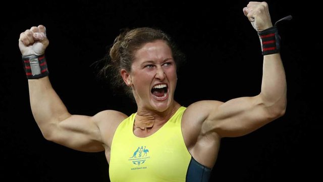 Aussie weightlifter Tia-Clair Toomey wins gold in the Women's 58kg Weightlifting Final at the Gold Coast Commonwealth Games. Pic: Getty