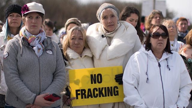 British actress Emma Thompson takes part in an anti-fracking protest in England last month. Pic: Getty