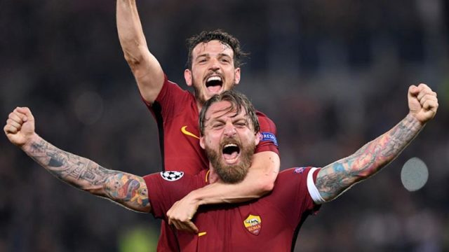 Team-mates Daniele De Rossi and Alessandro Florenzi of AS Roma celebrate victory in the UEFA Champions League Quarter Final in Rome on April 10. Pic: Getty