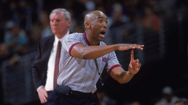A referee calls a time-out during the game between the Denver Nuggets and the Houston Rockets at the Pepsi Center in Denver, Colorado. Pic: Getty.