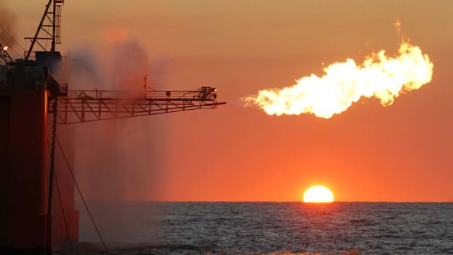 A flare from an ocean-based oil rig burning LNG. Pic: Getty