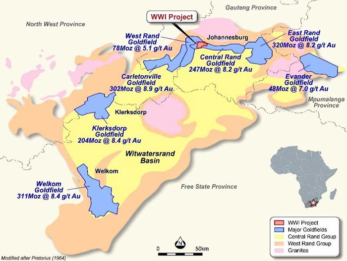 West Wits Mining projects in the Witwatersand Basin, South Africa. Map: West Wits