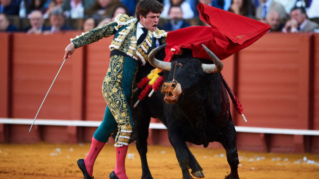 Spanish Bullfighter Julian Escobar performs during the Feria de Abril Bullfight at La Maestranza on April 16, in Seville, Spain.
