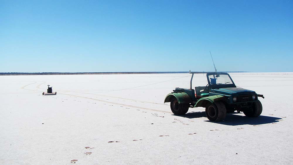 A magnetic survey underway at Lefroy salt lake, Western Australia. Pic: LeFroy