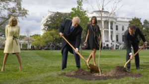 President Trump and his wife, Melania, with President Emmanuel Macron of France and his wife, Brigitte, on Monday on the South Lawn of the White House.
