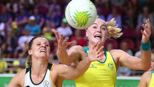 Maryka Holtzhausen of South Africa and Joanna Weston of Australia compete for the ball during the Netball on Day 4 of the Commonwealth Games.