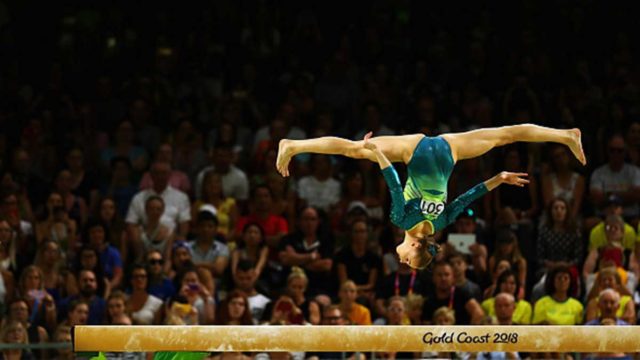 Georgia-Rose Brown of Australia competes in the Women's Balance Beam Final during Gymnastics on day five of the Gold Coast 2018 Commonwealth Games