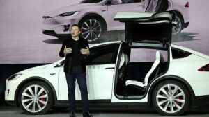 Elon Musk launches the Tesla Model X with rear gull wing doors. Pic: Getty