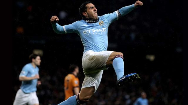 Carlos Tevez of Manchester City celebrates a goal in a 2011 Barclays Premier League match. Pic: Getty