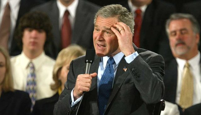George W. Bush looking confused at the US Chamber of Commerce in 2004. Pic: Getty
