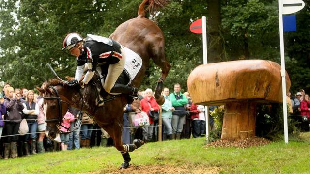 Zara Phillips falls at the 2008 Burghley Horse Trials in the United Kingdom. Pic:Getty