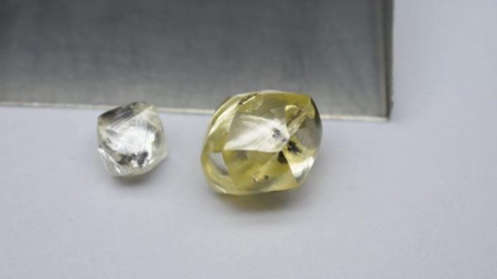 25-carat yellow gem recovered from the Neck Zone at Mothae, along with a 6-carat diamond. Pic: Lucapa