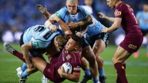 Josh Papalii of the Maroons is tackled during game two of the 2017 NRL State Of Origin series. Pic: Getty