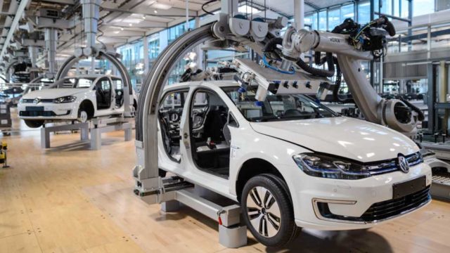 Volkswagen produces 72 e-Golf electric cars a day at this factory in Dresden, Germany. Pic: Getty