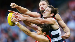 Patrick Ambrose of the Bombers and Cale Hooker of the Bombers (top) compete for the ball against Tom Hawkins of the Cats during round nine.