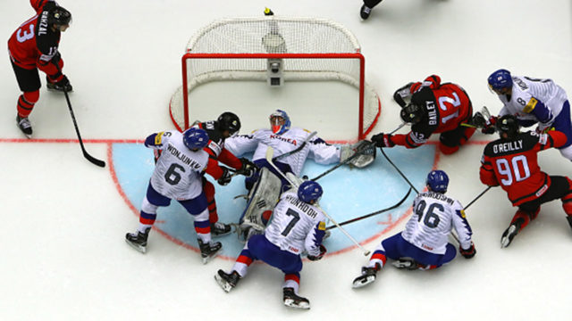 Goaltender of Korea, Matt Dalton, tends net against Canada during the 2018 IIHF Ice Hockey World Championship in Herning, Denmark.