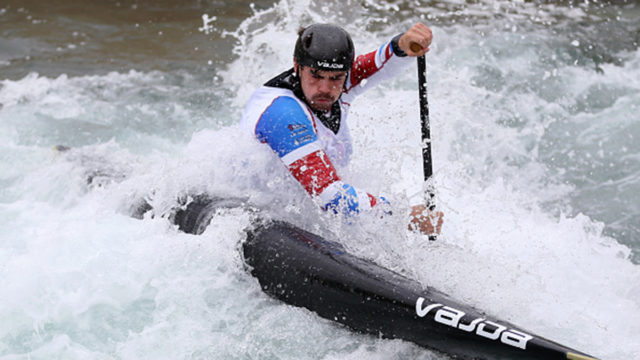 Thomas Abbot (C1) in action during the British Canoe Slalom Media day ahead of the European Championships at Lee Valley White Water Centre.