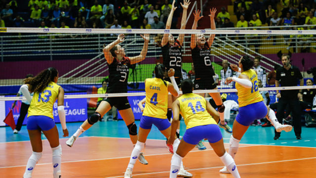 Players of Germany and of Brazil in action during the match between Germany and Brazil during the FIVB Volleyball Nations League 2018 at Jose Correa Gymnasium.