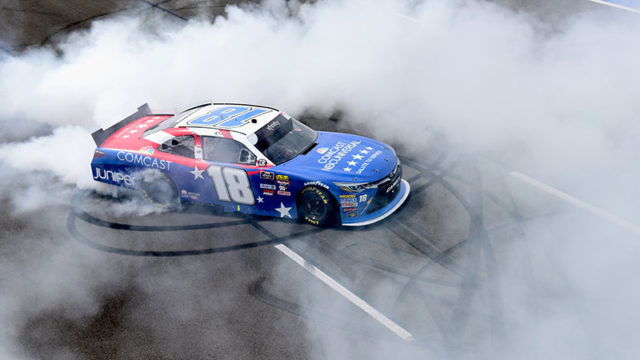 Kyle Busch celebrates with a burnout after winning the NASCAR Xfinity Series in Pennsylvania ths week. Pic: Getty