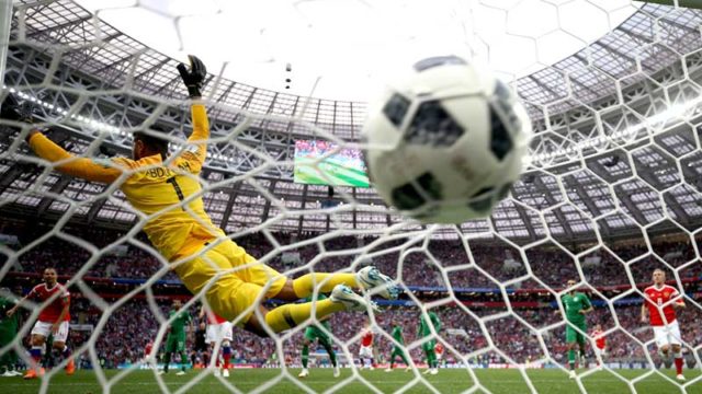 Aleksandr Golovin of Russia scores against Saudi Arabia in the opening match of the FIFA World Cup in Moscow overnight. Pic: Getty
