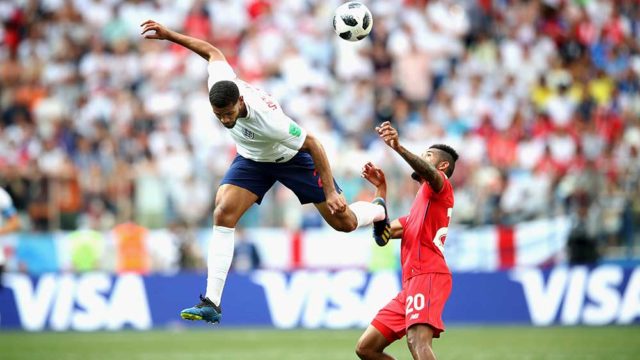 England's Ruben Loftus-Cheek wins a header over Panama's Anibal Godoy in the Russia FIFA World Cup on Sunday. Pic: Getty