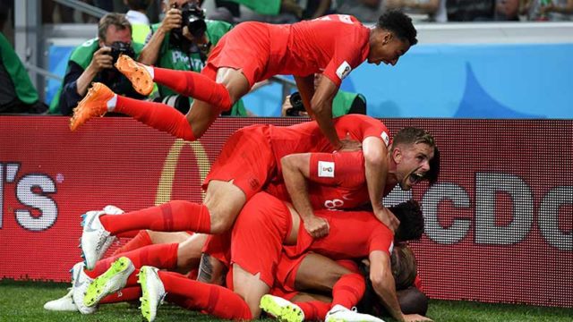 Harry Kane of England celebrates with teammates after beating Tunisia in the FIFA World Cup. Pic: Getty