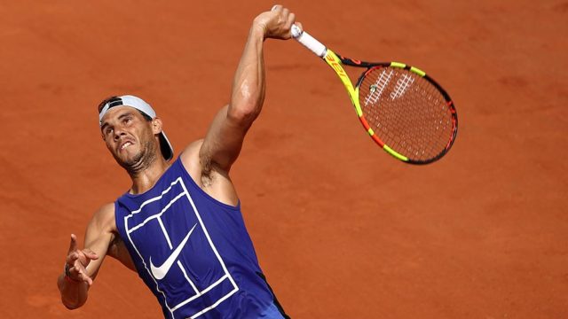 Rafael Nadal of Spain serves during the French Open at Roland Garros in Paris this week. Pic: Getty
