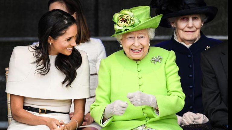Duchess Meghan shares a joke with Queen Elizabeth at a bruidge opening in Widness, England on Thursday. Pic: Getty