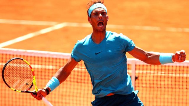 Spaniard Rafael Nadal celebrates victory in the quarter finals of the French Open at Roland Garros, Paris on Thursday. Pic: getty