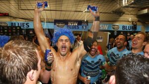 Jack de Belin of the NSW Blues celebrates his team's State of Origin series win last night. Pic: Getty