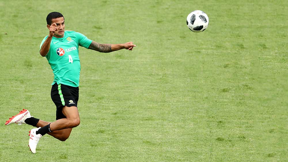 Aussie Socceroo legend Tim Cahill practises yesterday ahead of Saturday's first World Cup match this Satrday. Pic: Getty