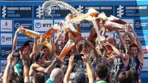 Celebrations on the podium at the World Triathlon in Hamburg, Germany this week. Pic: Getty