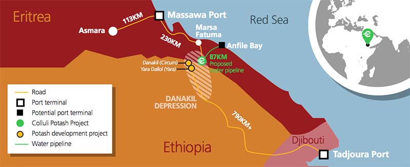 Danakali's Colluli potash project is 230km by road from the Port of Massawa. Map: Danakali 