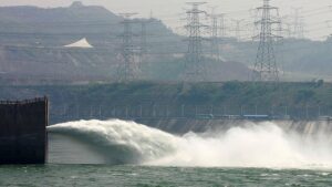 Water gushes out of the Three Gorges Dam in Hubei Province, China. Pic: Getty
