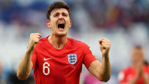 Harry Maguire of England celebrates after his team's win in the World Cup Quarter Final yesterday. Pic: Getty