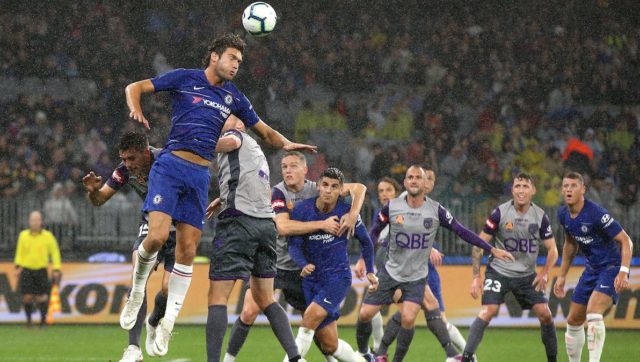 Marcos Alonso of Chelsea heads the ball during an international friendly with Perth Glory in Perth last night. Pic: Getty
