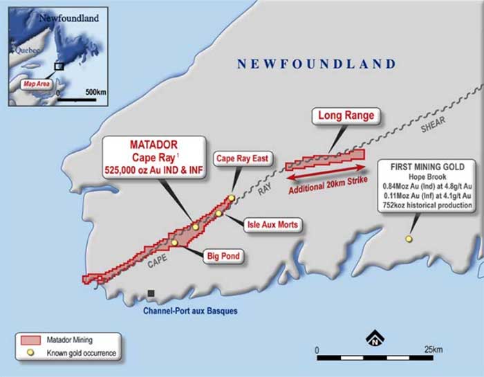 Matador's new Cape Ray gold project in Newfoundland, Canada. Map: Matador
