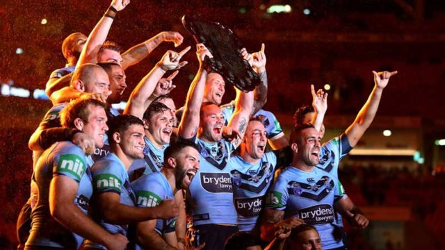 Boyd Cordner and the NSW Blues celebrate after winning the State of Origin series in Brisbane this week. Pic: Getty